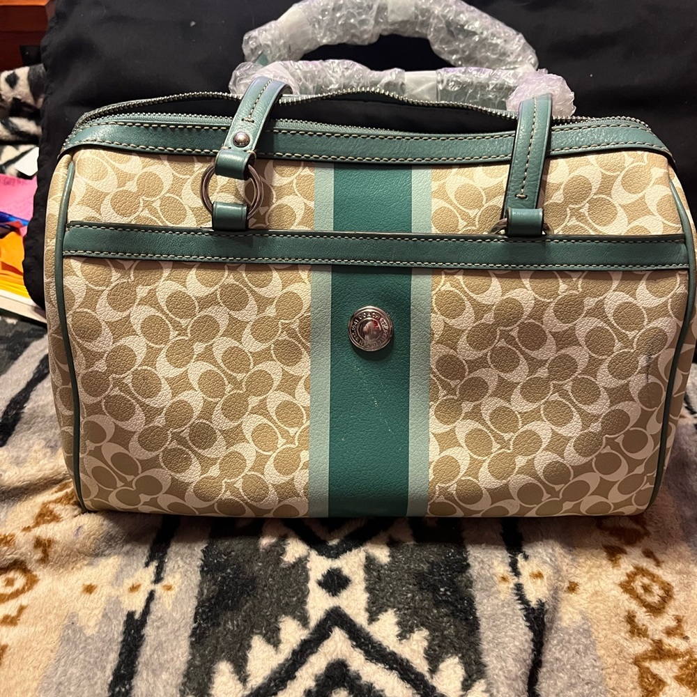 Coach Green & Tan EUC Boston Stripe Chelsea Satchel / Dust Bag